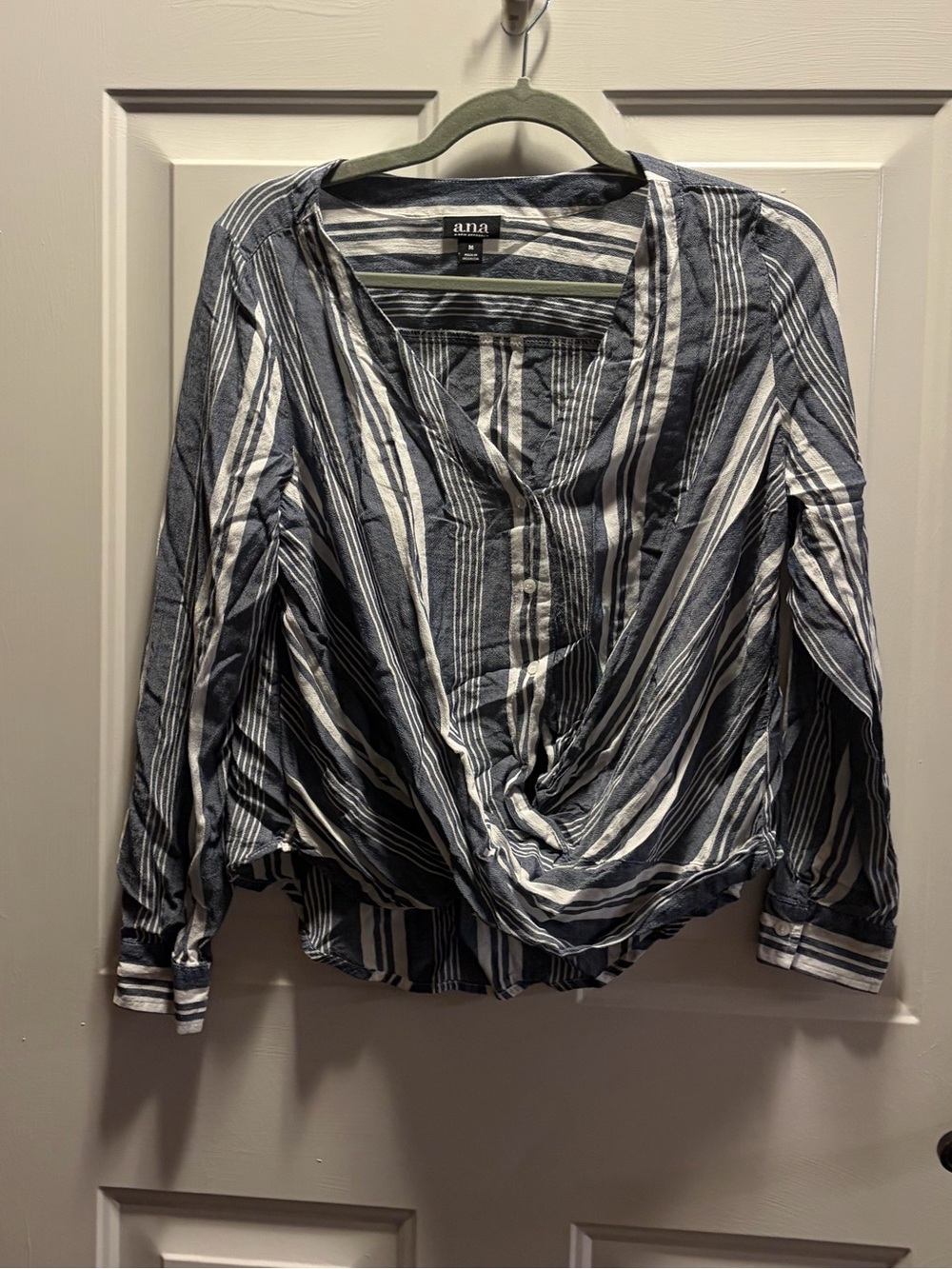 Ana Navy and White Striped Twist-Front Long Sleeve Top